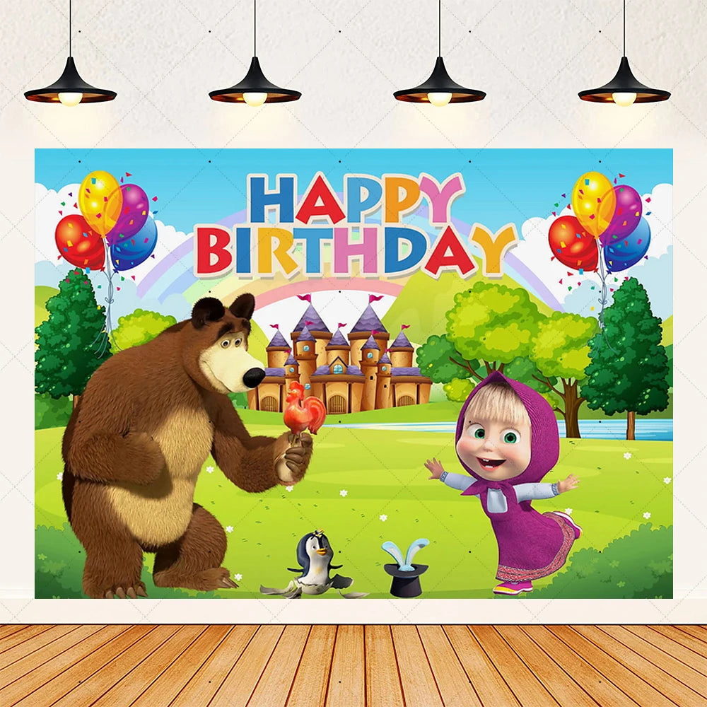 Cartoon Girl-Mashas-And Bear Kids Birthday Party Digital Balloon Banner Background Cake Topper Decoration Supplies Baby Gifts