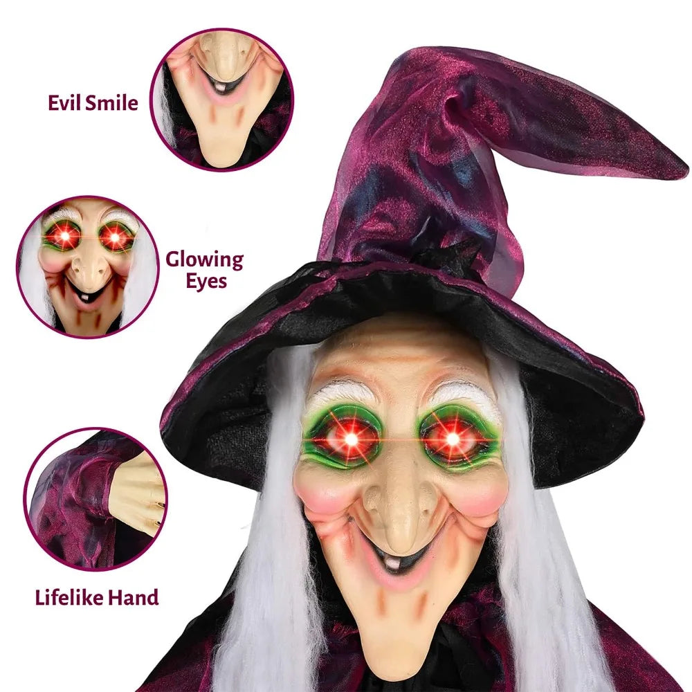Halloween Life Size Talking Witch Outdoor Purple Spooky Animatronic Witch Decor Prop Halloween Decoration Red Eye Animated Witch