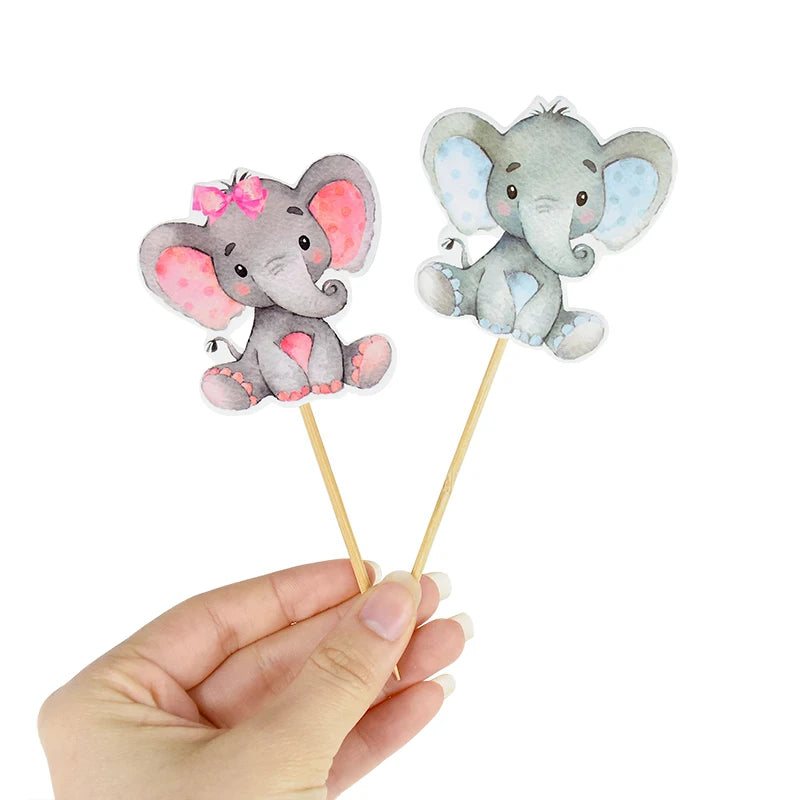 12Pcs Blue Pink Elephant Cupcake Topper Kids Birthday Baby Shower Elephant Cake Decoration Boy Girl Gender Reveal Party Supplies