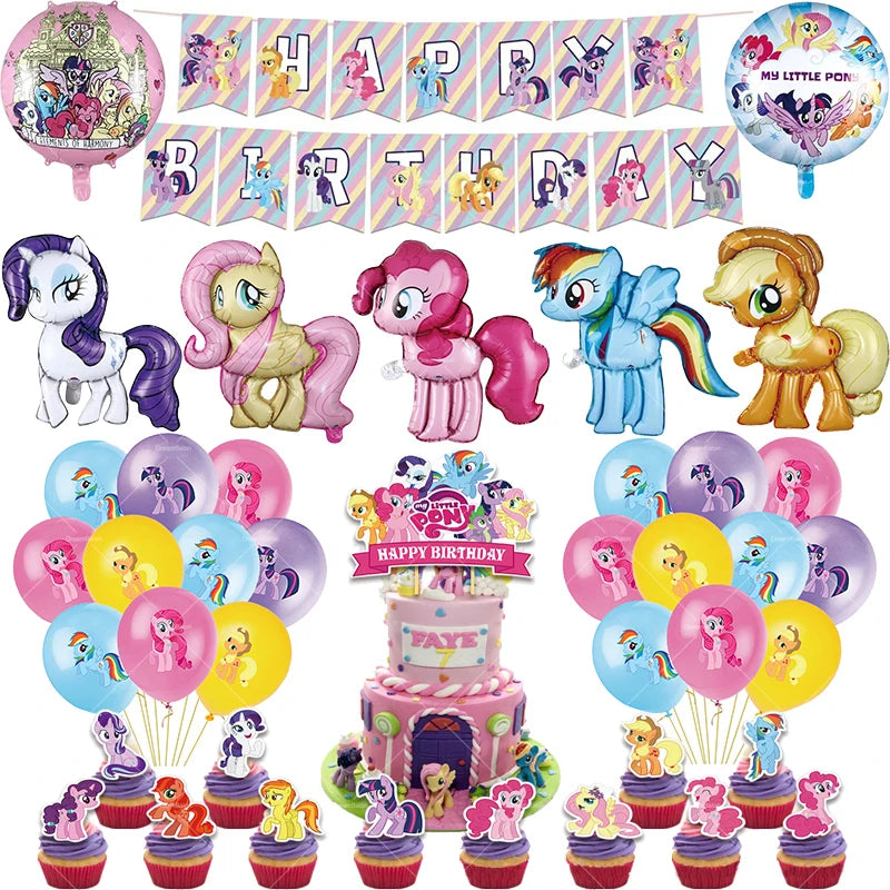 My Little Pony Foil Latex Balloon Happy Birthday Party Decoration Banner Cake Topper Kid Event Supplies Backdrop Disposable Toys