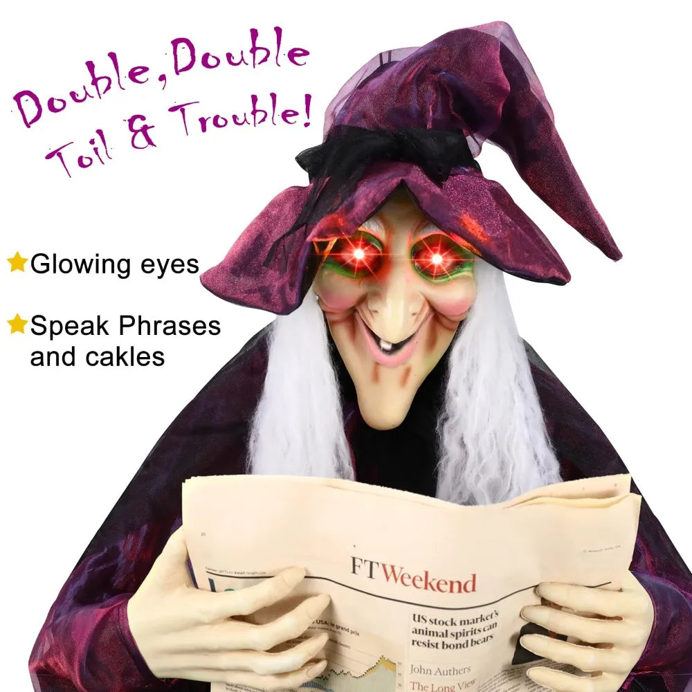 Halloween Life Size Talking Witch Outdoor Purple Spooky Animatronic Witch Decor Prop Halloween Decoration Red Eye Animated Witch