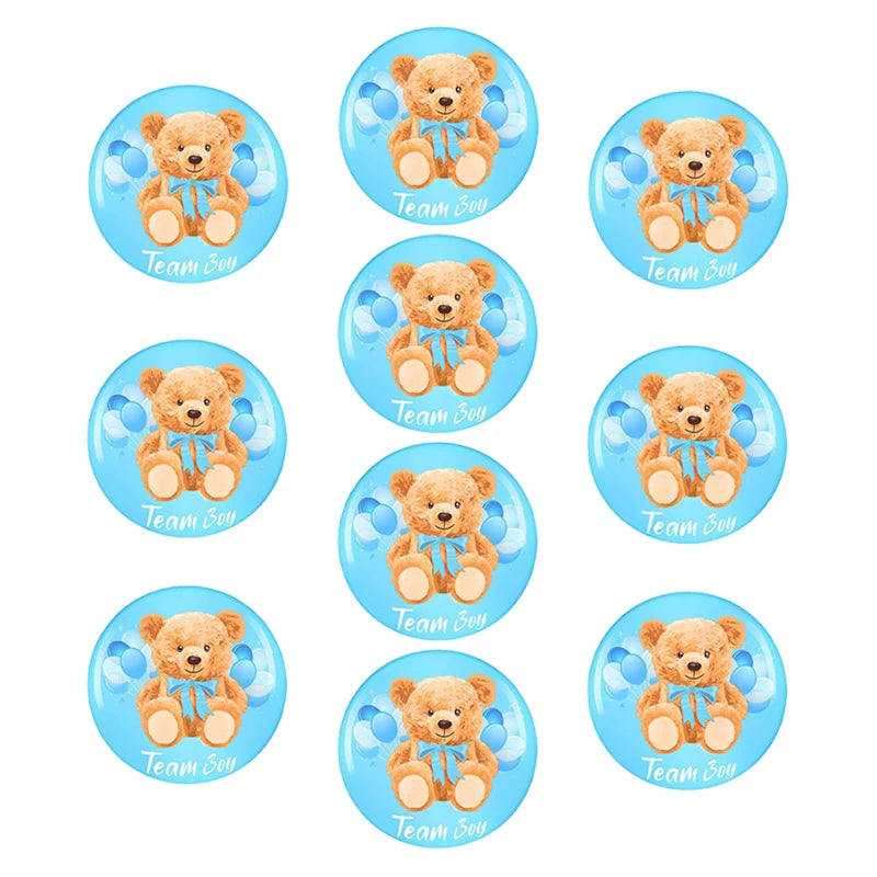 10pcs Gender Reveal Theme Tinplate Badges Cute Bear Team Boy Girl Button Pins Baby Shower Birthday Party Favors Decoration