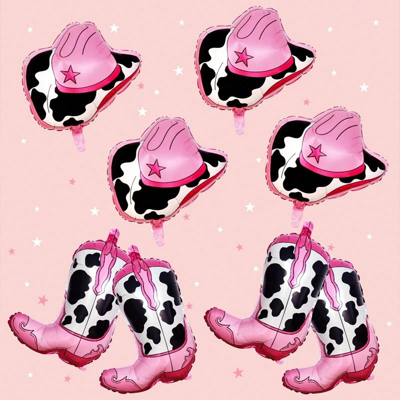 Western themed party balloons, including boots, cowboy hat foil balloons, suitable for birthday, bachelorette party decorations