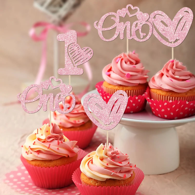 YOMDID 24Pcs Valentine's Day Cupcake Picks 1st Birthday Cupcake Toppers One Love Heart Picks Cake Decorations Party Supplies