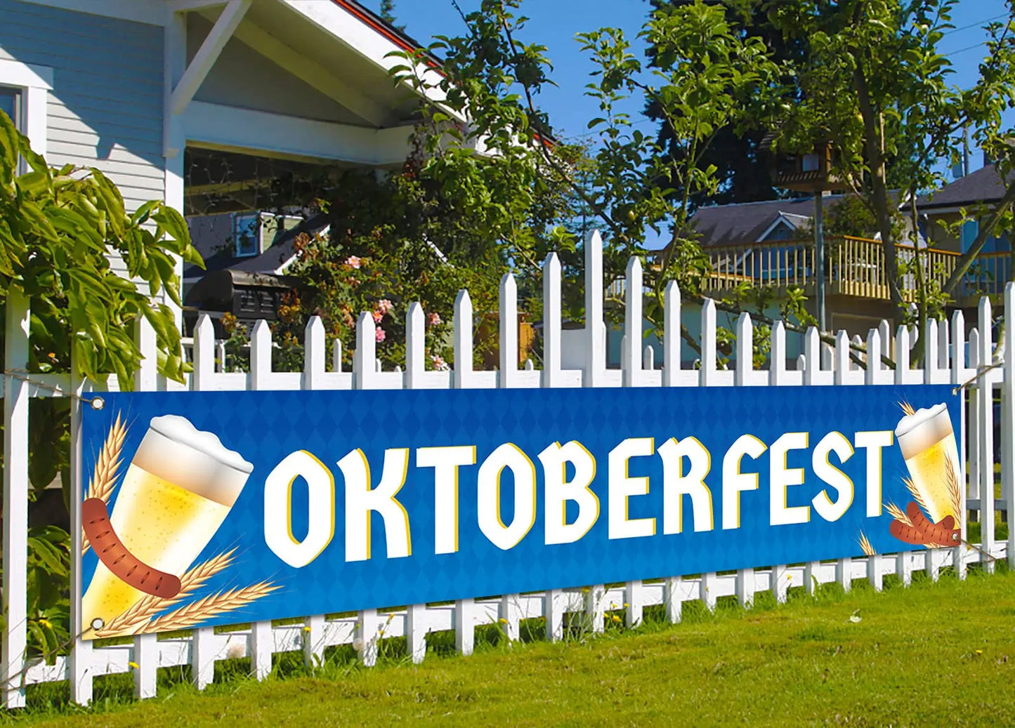 Oktoberfest Fence Banner for German October Fest Themed Party Decoration Blue Bavarian Flag Hanging Banner for Beer Party Supply
