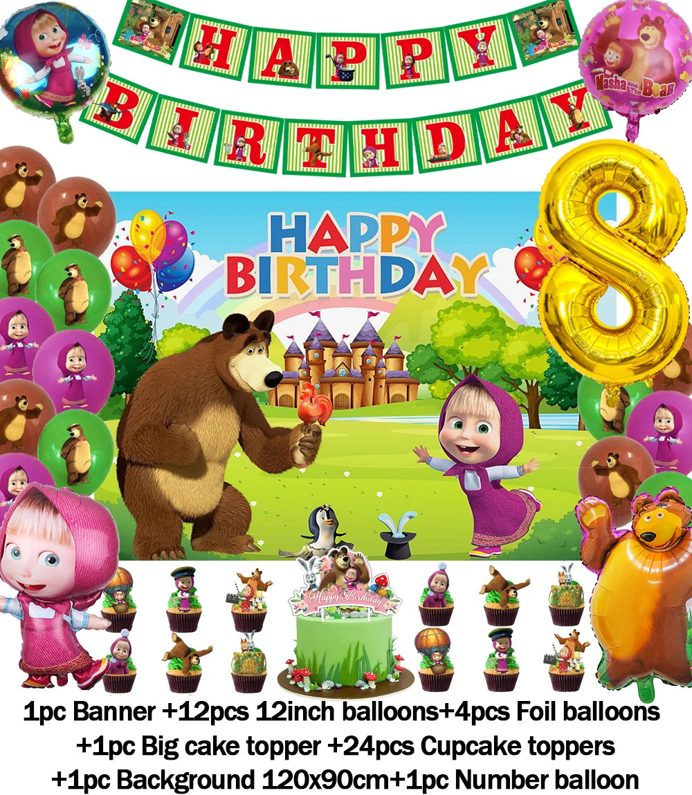Cartoon Girl-Mashas-And Bear Kids Birthday Party Digital Balloon Banner Background Cake Topper Decoration Supplies Baby Gifts