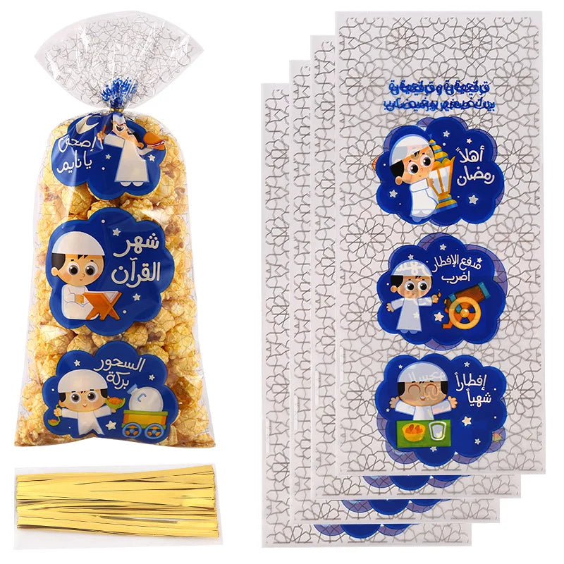 50pcs Eid Mubarak Gift Bags Plastic Cellophane Treat Bags Ramadan Decorations Clear Goodie Candy Bags for Hajj Mubarak Decor