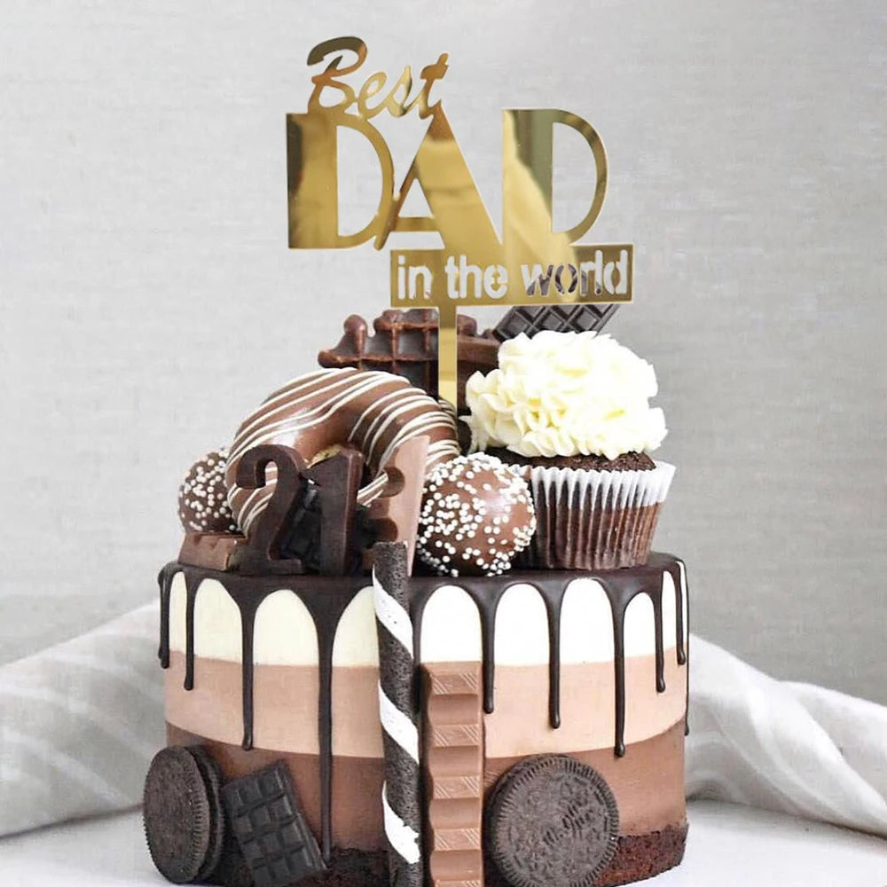 3pcs Gold Black Best Dad in the world Cake Topper Decorations for Father's Day Birithday Party Cake Decorations