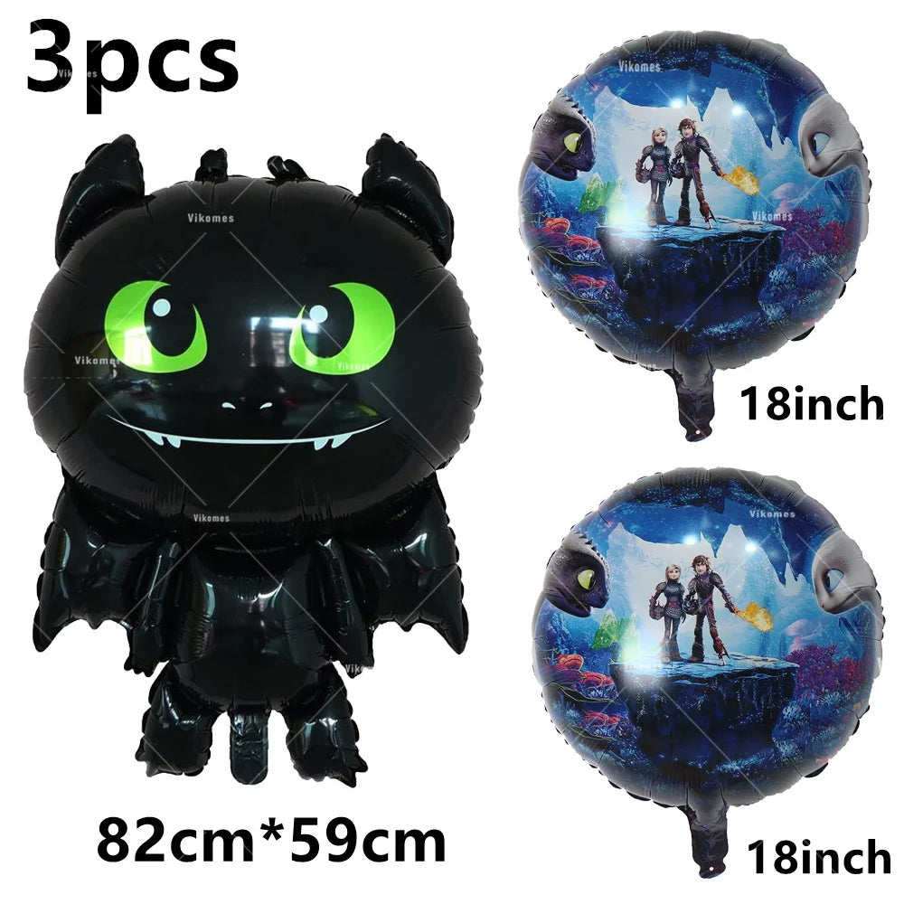 1set How Train Dragon Balloons No Teeth Toothlessing Green Eye Black Loong Party Decoration Happy Birthday Banner Cake Topper