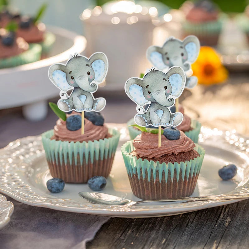 12Pcs Blue Pink Elephant Cupcake Topper Kids Birthday Baby Shower Elephant Cake Decoration Boy Girl Gender Reveal Party Supplies