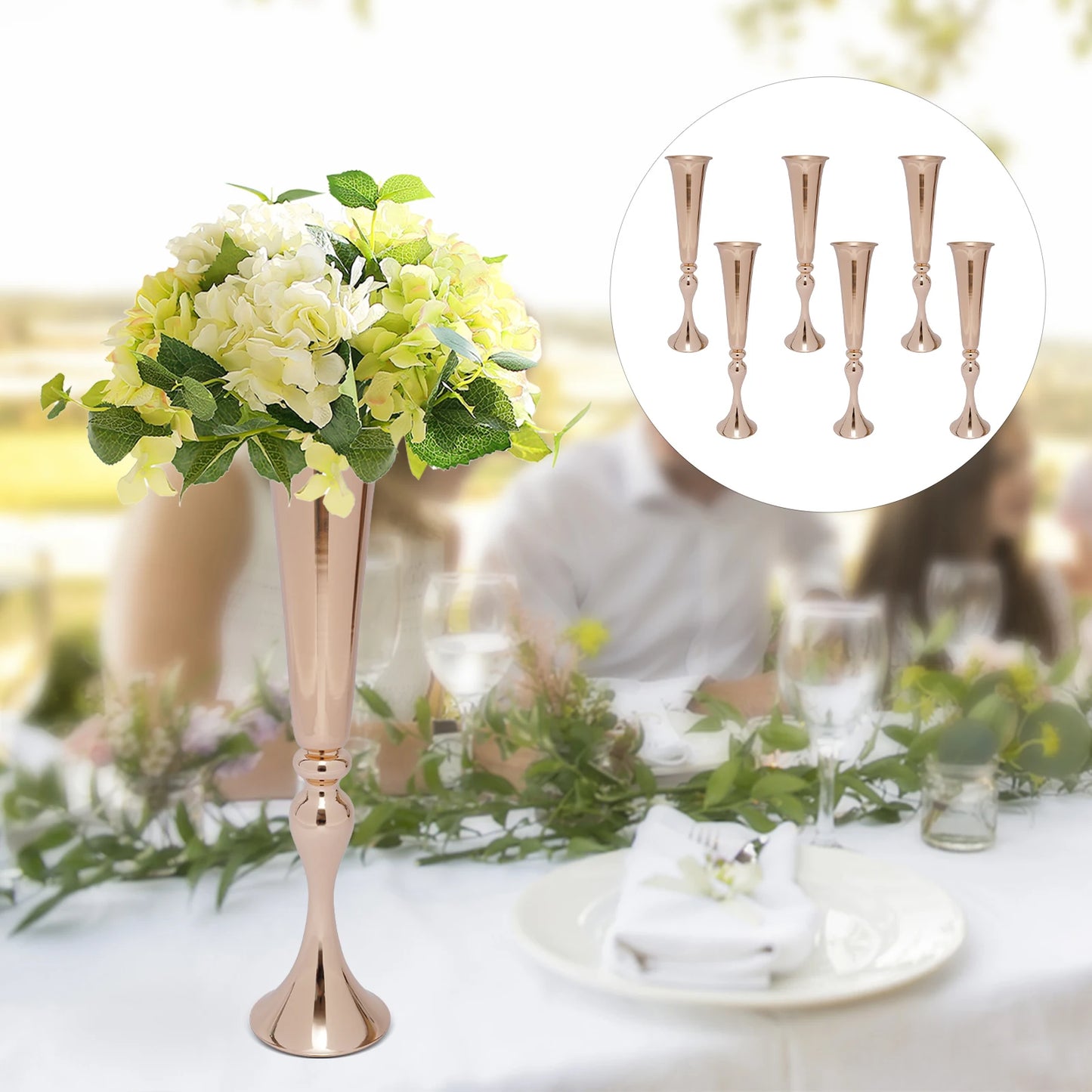 Golden Metal Table Flower Stand Vase 6Pcs Candle Holder 22.2" Tall Wedding Centerpiece Party Event Hotel Decoration