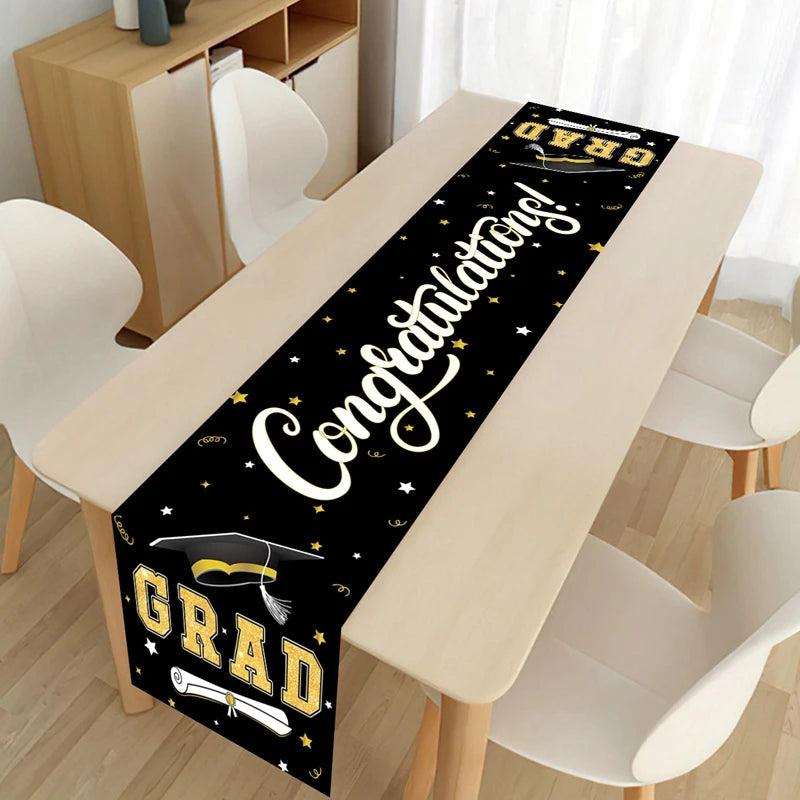 Graduation Table Runner Graduation Decorations 2025 Black Gold Polyester Graduation Table Cloth Prom Grad Party Table Decoration