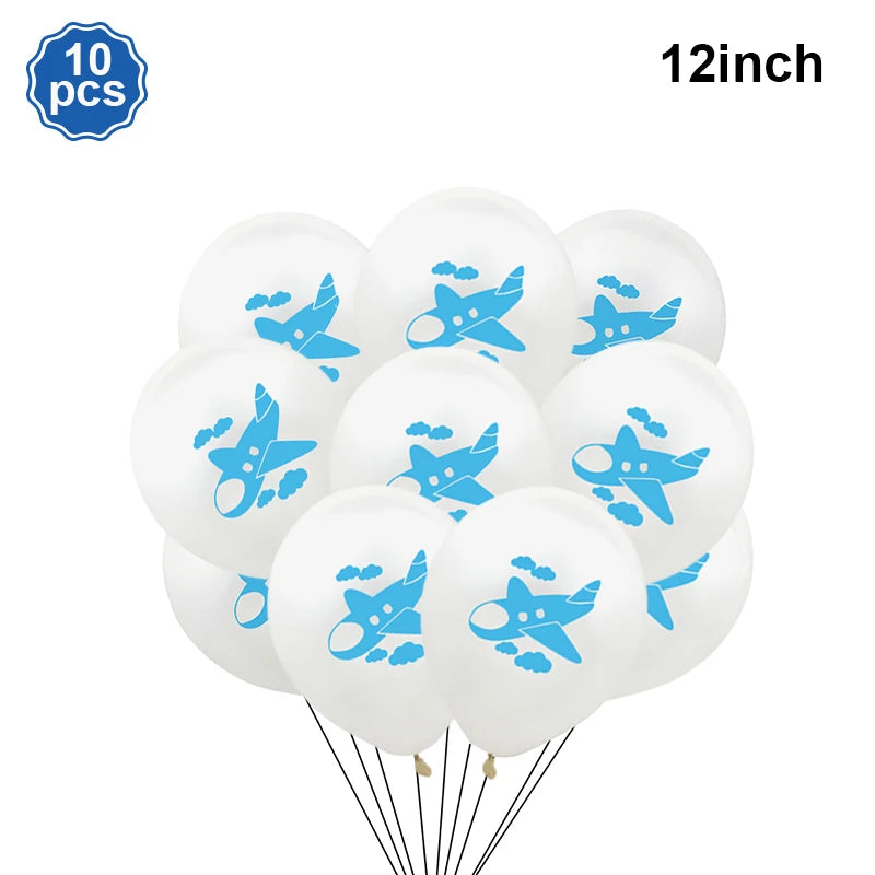 Airplane Party Decoration 12Inch Blue White Latex Balloons Big Plane Foil Cloud Balloon Set for Kids Boys Aviator Theme Birthday