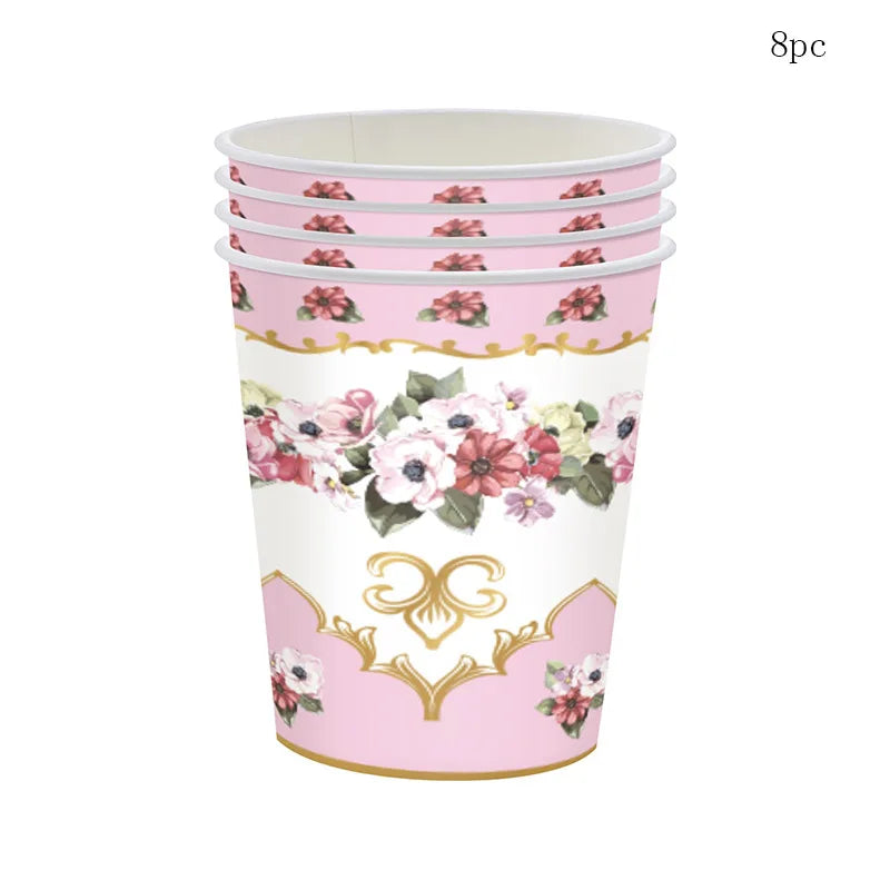 8Guests Elegant Tea Party Disposable Tableware Pink Green Floral Pattern Plates Napkins Women Happy Afternoon Tea Party