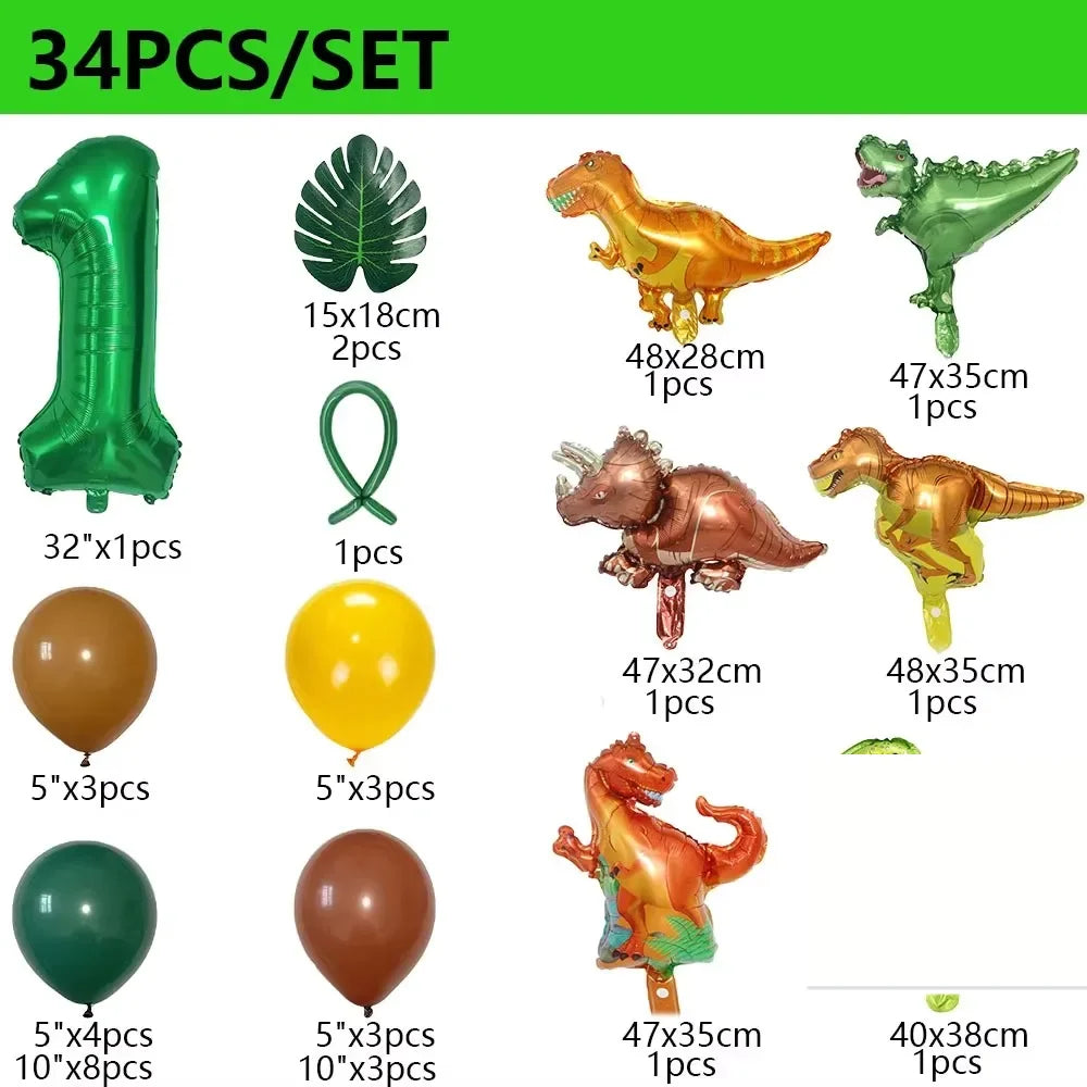 32 英寸 Number Dinosaur Birthday Party Dino Balloons Palm Leaf Set First Bthday Boy Party Kids Baby Shower Jungle Safari Deco