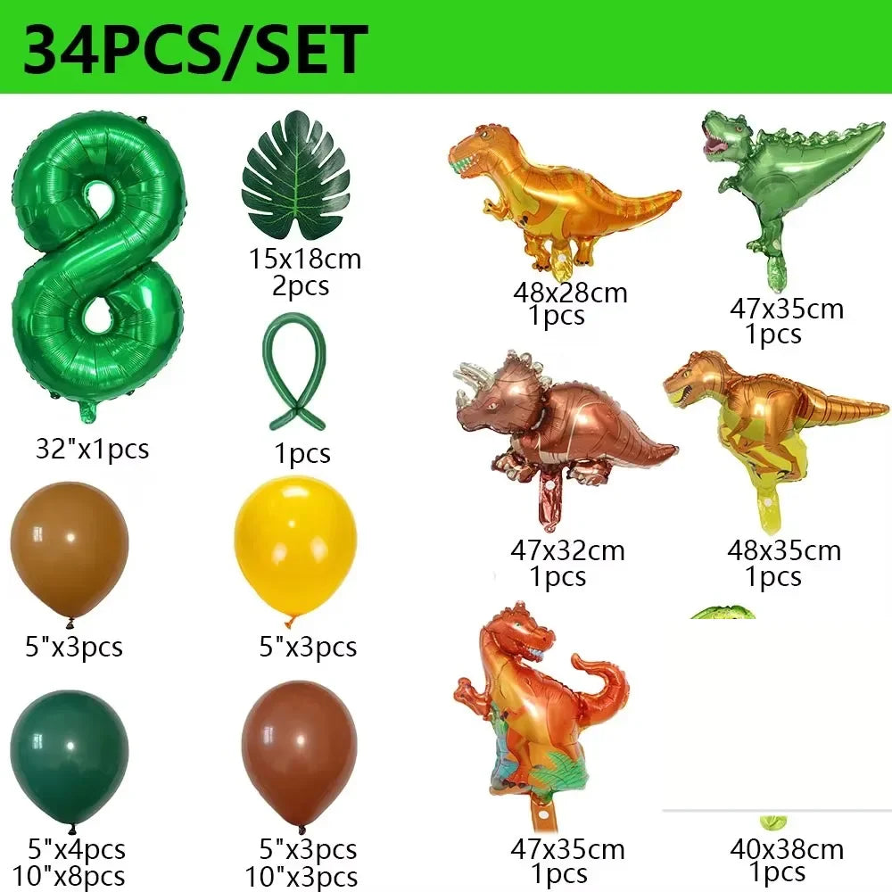32 英寸 Number Dinosaur Birthday Party Dino Balloons Palm Leaf Set First Bthday Boy Party Kids Baby Shower Jungle Safari Deco