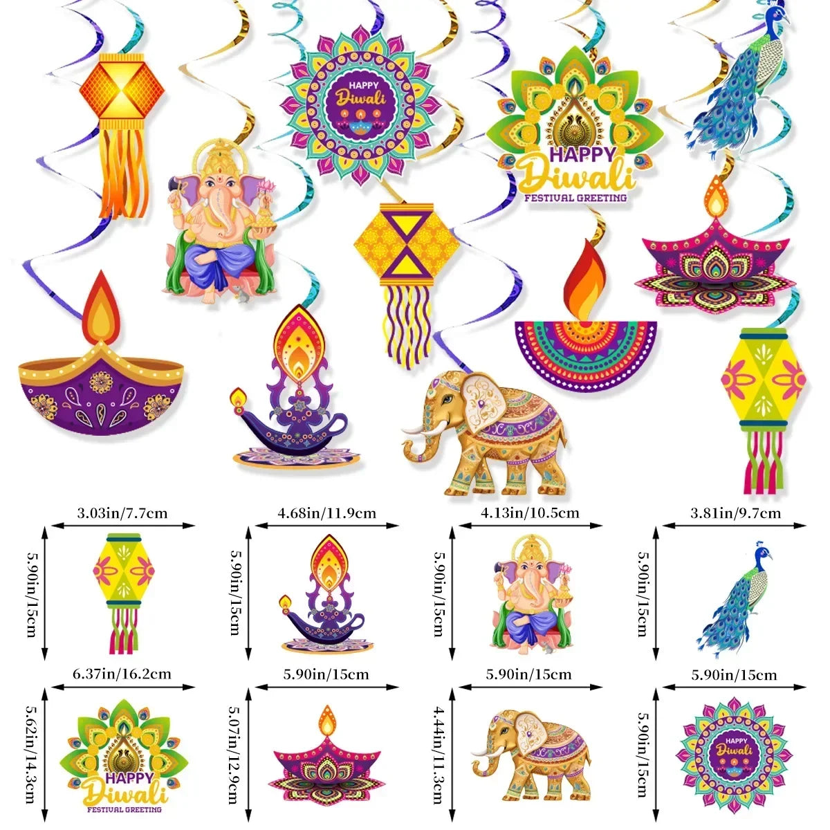 Happy Diwali Party Banner Spiral Banner Swirl Hanging Garland Cupcake Topper for India Diwali Festival Theme Party Decoration