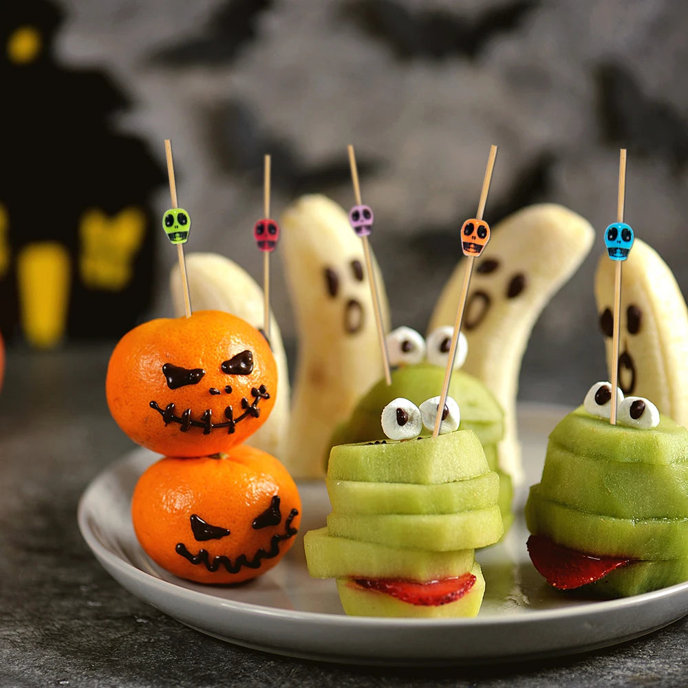 100/200pcs Halloween Skull Cocktail Picks Toothpicks Cocktail Picks Fruit Sticks Appetizers Bamboo Skewers Halloween Party Decor
