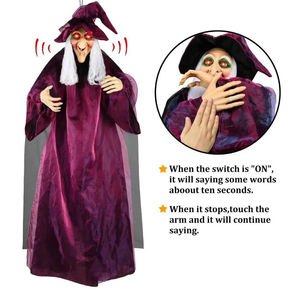 Halloween Life Size Talking Witch Outdoor Purple Spooky Animatronic Witch Decor Prop Halloween Decoration Red Eye Animated Witch