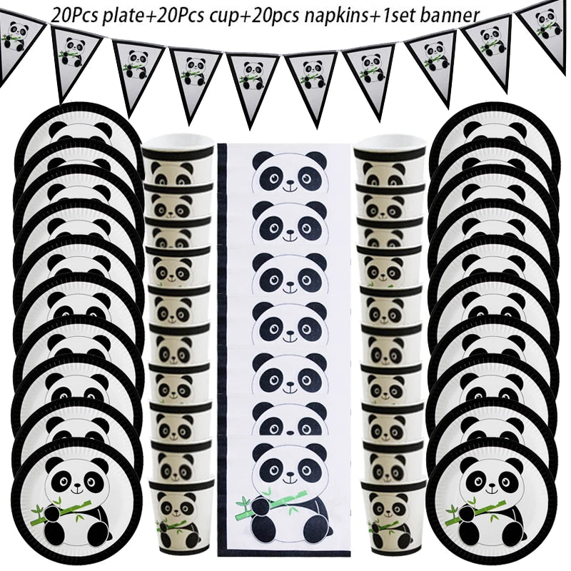 Panda Theme Party Decoration Kids Birthday Party Supplies Cute Panda Disposable Tableware Banner Cookie Bag Baby Shower Decor