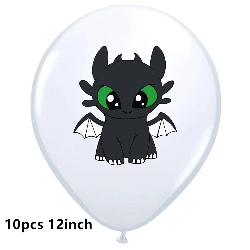 1set How Train Dragon Balloons No Teeth Toothlessing Green Eye Black Loong Party Decoration Happy Birthday Banner Cake Topper
