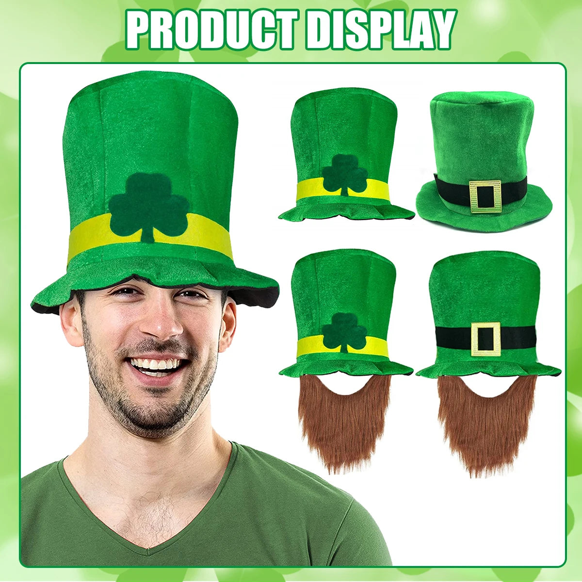 Saint Patricks Day Top Hat Holiday Fake Beard Green Celebration Costume for Irish Festival Birthday Party Decor Supplies