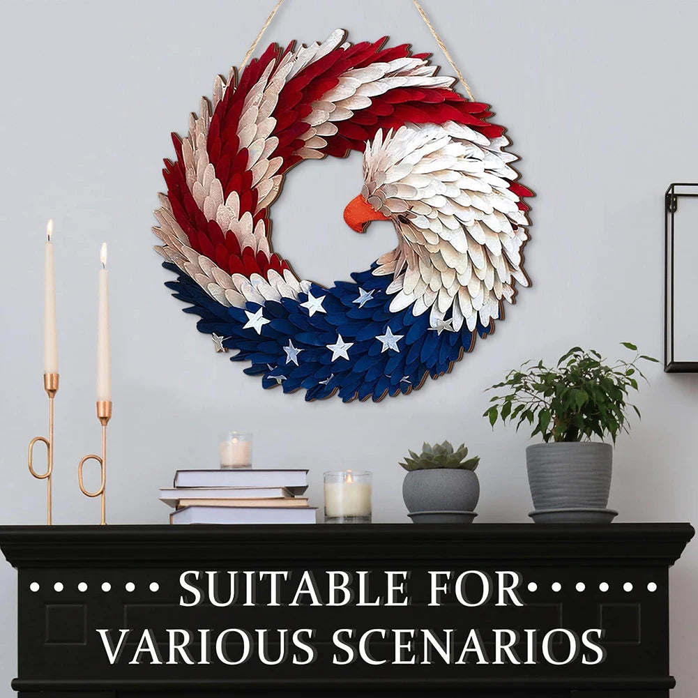 Independence Day Door Sign Wall Hanging Round Wooden Plaque Patriotic Front Door Decor 4th of July Festival Hanging Garland