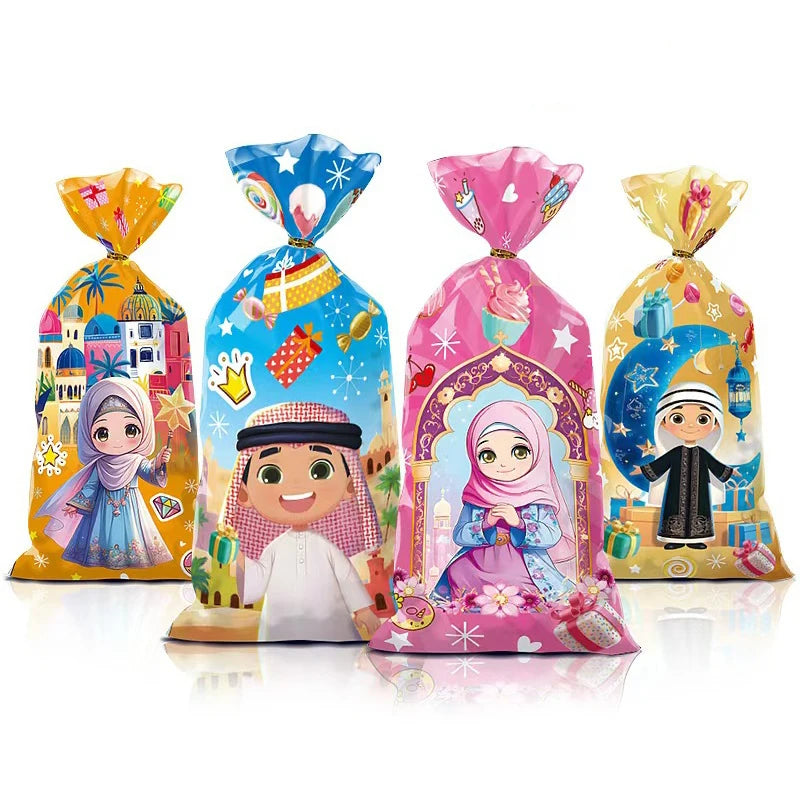 50pcs Eid Mubarak Gift Bags Plastic Cellophane Treat Bags Ramadan Decorations Clear Goodie Candy Bags for Hajj Mubarak Decor
