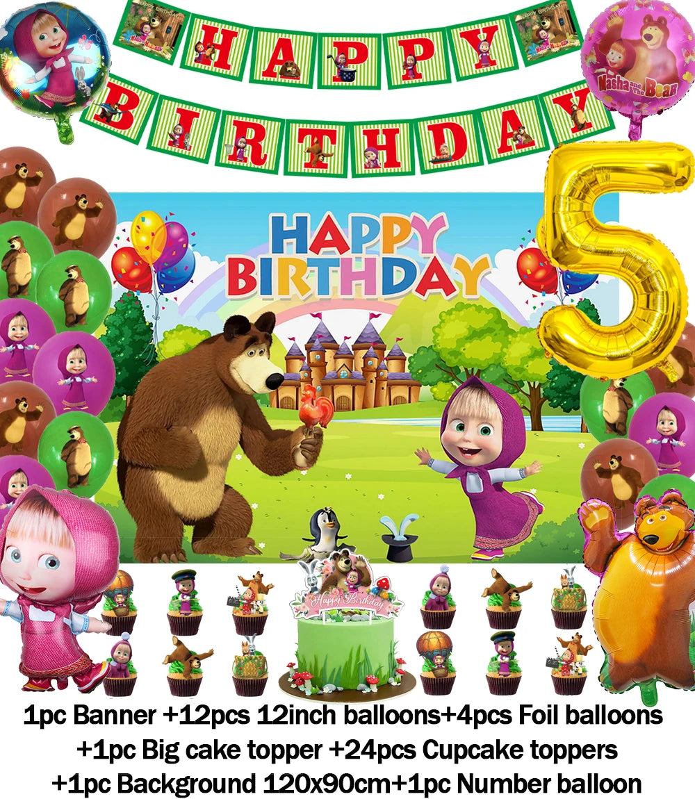 Cartoon Girl-Mashas-And Bear Kids Birthday Party Digital Balloon Banner Background Cake Topper Decoration Supplies Baby Gifts