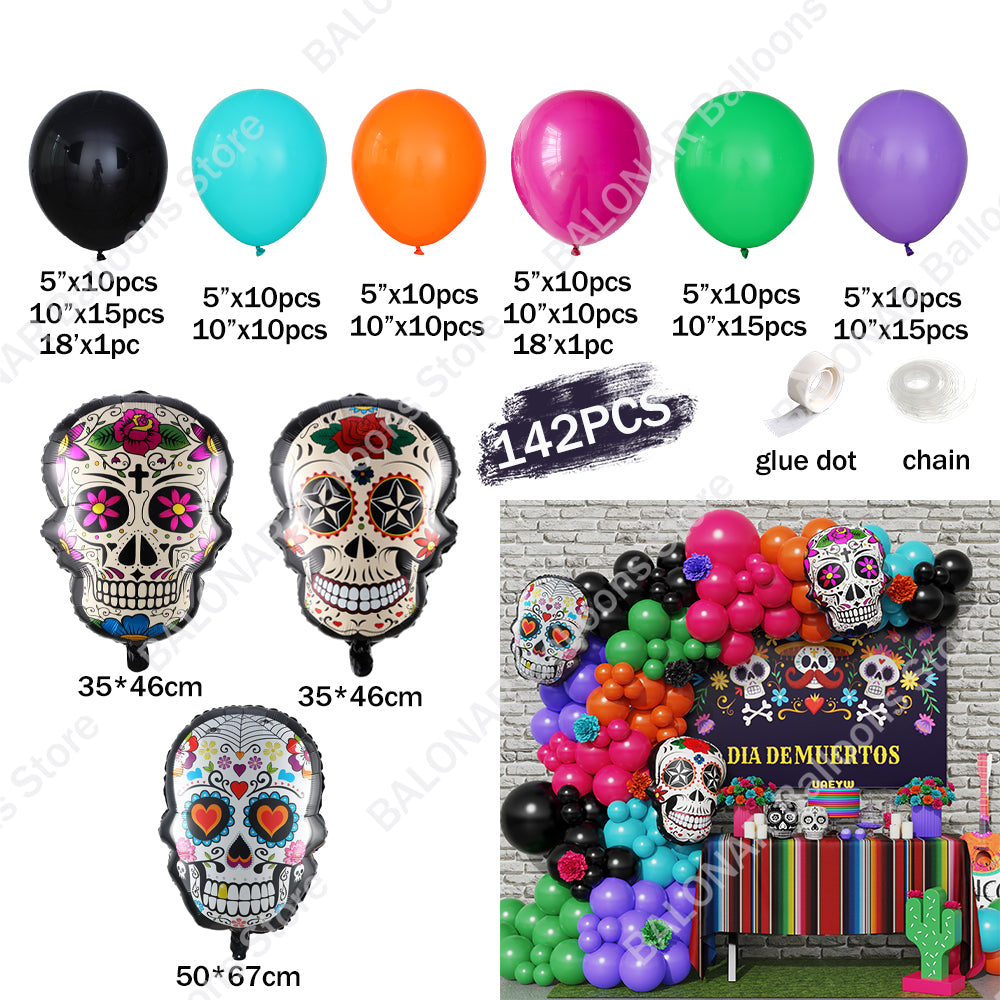 142pcs Fiesta Mexico Day of The Dead Theme Balloon Garland Arch Kit Multicolor Skull Foil Balloon Mexican Photography Backdrop