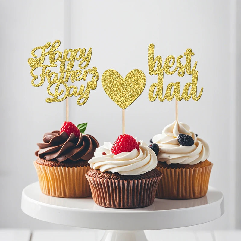 YOMDID 24Pcs Glitter Fathers Day Cake Toppers Happy Fathers Day Cake Toppers Best Dad Heart Cupcake Picks Party Cake Decor