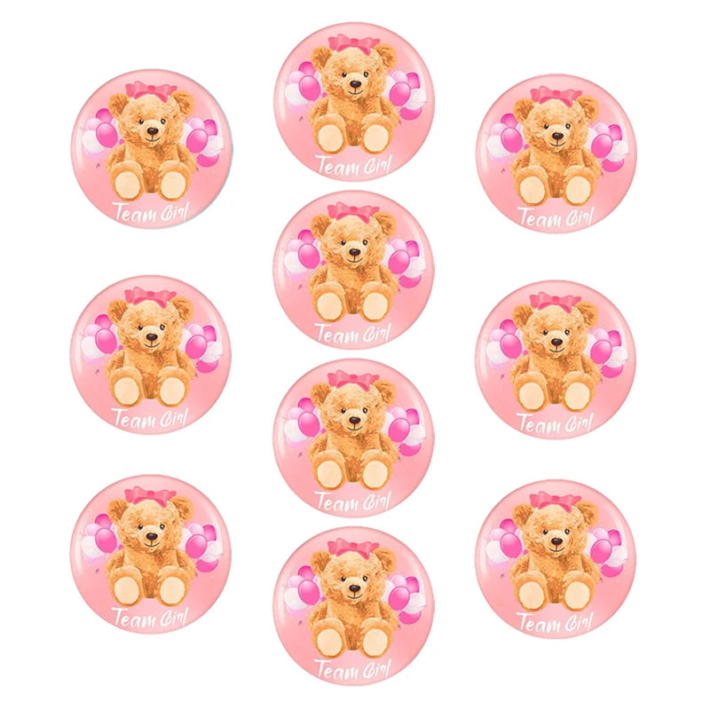 10pcs Gender Reveal Theme Tinplate Badges Cute Bear Team Boy Girl Button Pins Baby Shower Birthday Party Favors Decoration