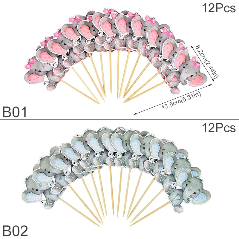12Pcs Blue Pink Elephant Cupcake Topper Kids Birthday Baby Shower Elephant Cake Decoration Boy Girl Gender Reveal Party Supplies