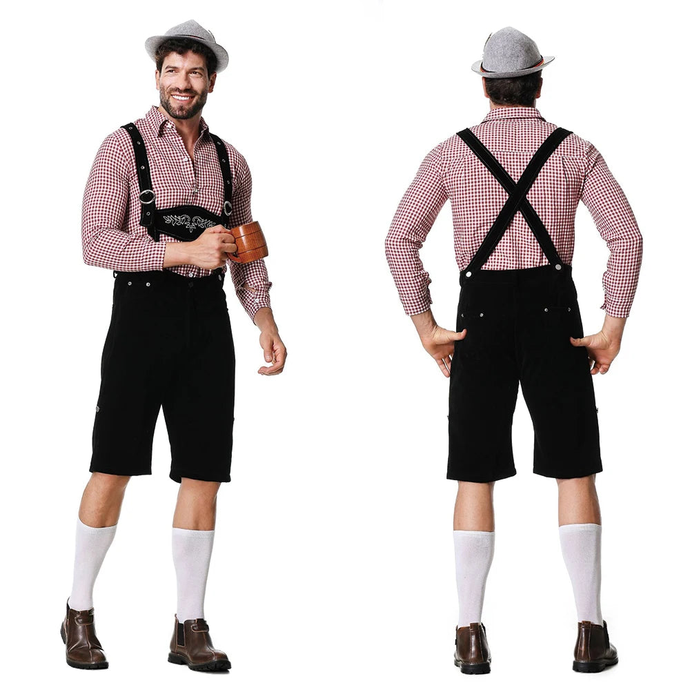 Three-Piece Set Oktoberfest Lederhosen Costume for Men Bavarian German Beer Festivals Suspenders Shirt Hat Male Cosplay Costumes