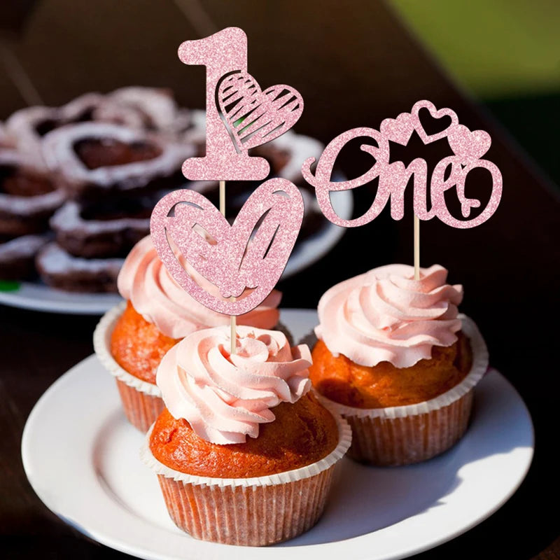 YOMDID 24Pcs Valentine's Day Cupcake Picks 1st Birthday Cupcake Toppers One Love Heart Picks Cake Decorations Party Supplies