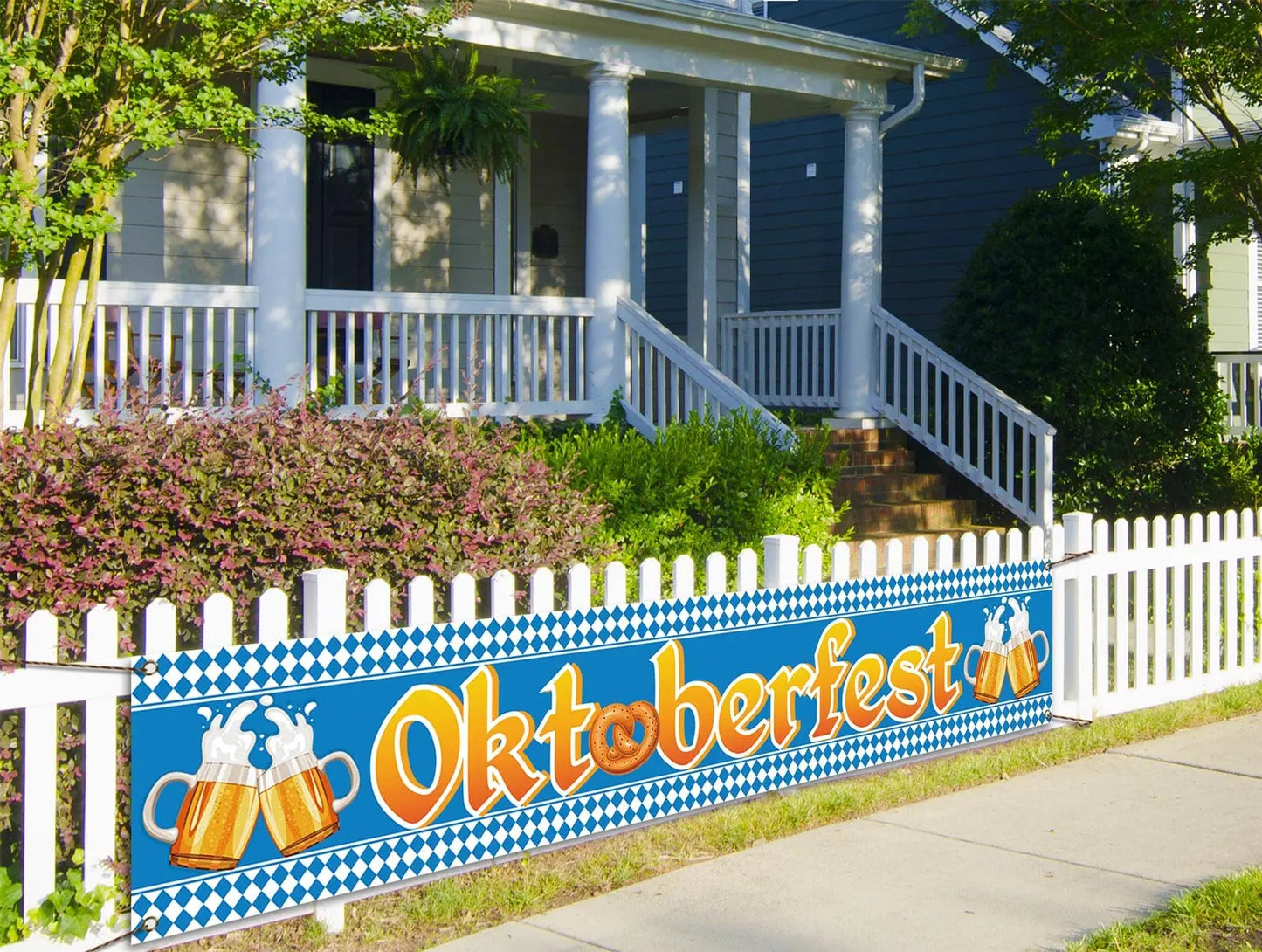Oktoberfest Fence Banner for German October Fest Themed Party Decoration Blue Bavarian Flag Hanging Banner for Beer Party Supply