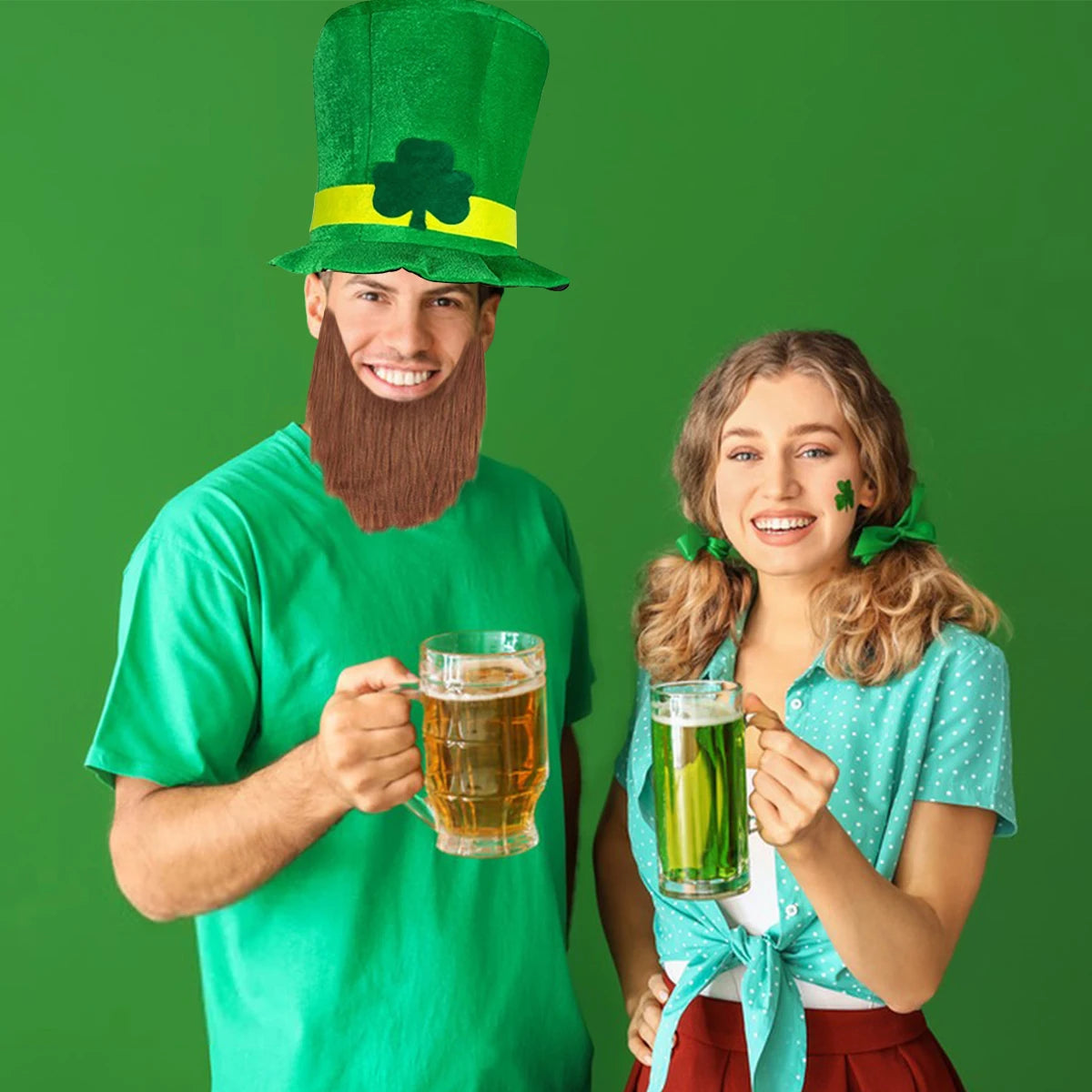 Saint Patricks Day Top Hat Holiday Fake Beard Green Celebration Costume for Irish Festival Birthday Party Decor Supplies