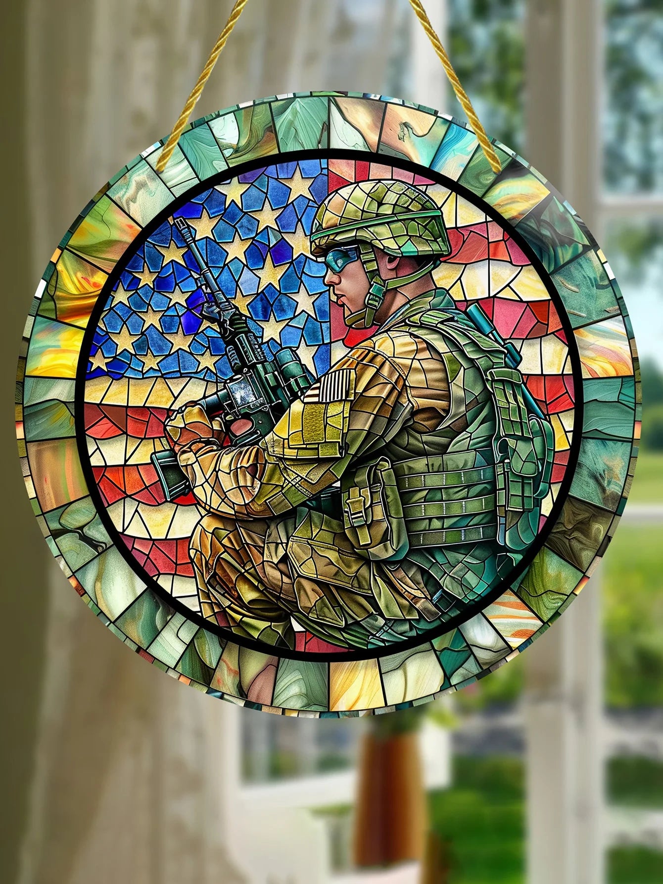 1pc Soldier Painted Window Hanging Decorations, Patriotic Wreath Signs, Home Garden Decor, Independence Day Gifts