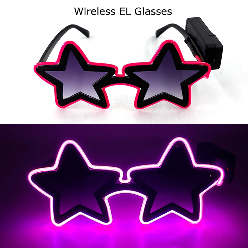 Wireless EL Glowing Party Glasses LED Light Up Five Stars Glasses Birthday Wedding Halloween Supplies Night Club Disco Props