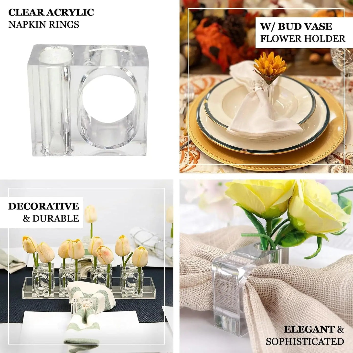4-20Pcs Acrylic Napkin Rings Clear Napkin Holders Mini Flower Bud Vase for Wedding Birthday Banquet Table Decor