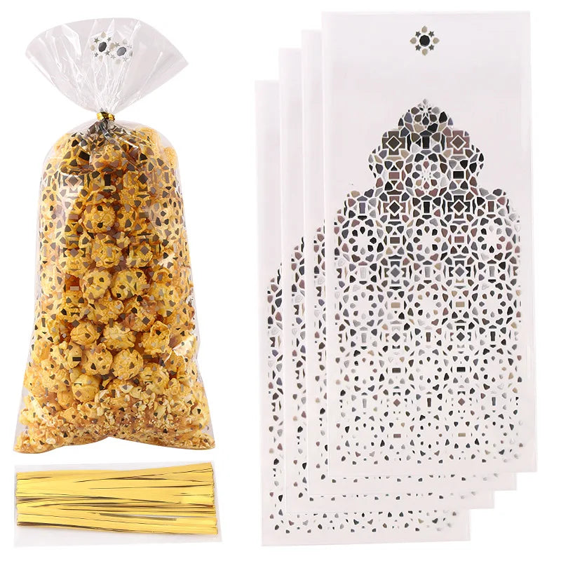 50pcs Eid Mubarak Gift Bags Plastic Cellophane Treat Bags Ramadan Decorations Clear Goodie Candy Bags for Hajj Mubarak Decor