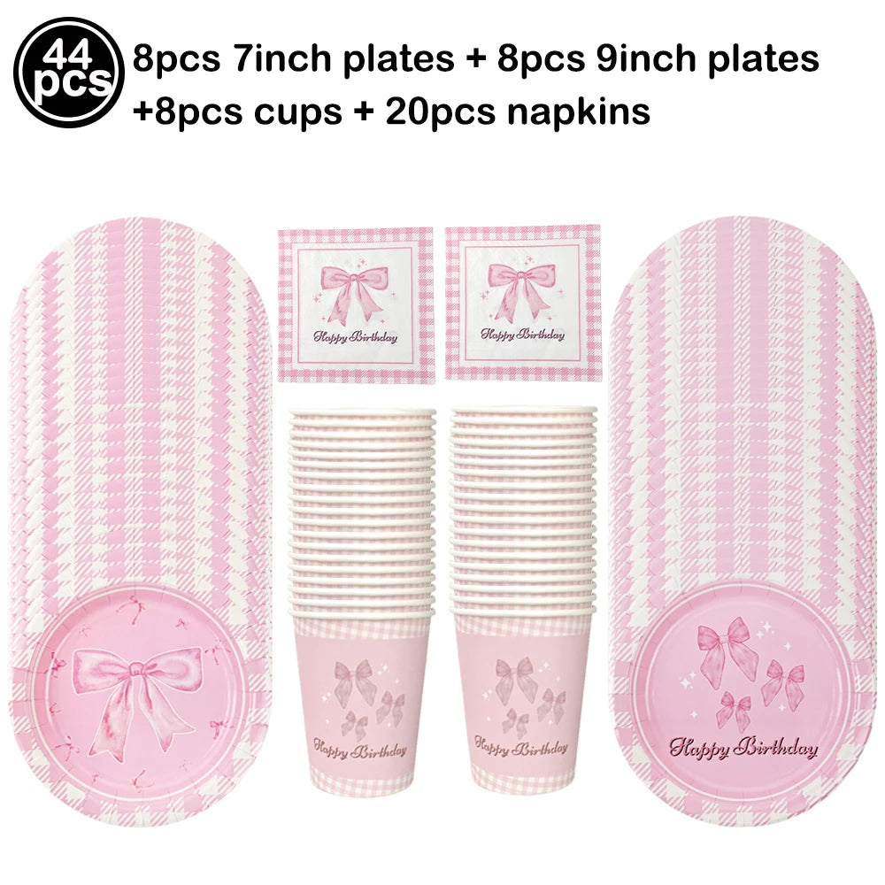 Bow Theme Party Supplies for Girl Pink Bow Cupcake Toppers Paper Drinking Straws Bridal Shower Bow Coquette Birthday Party Decor