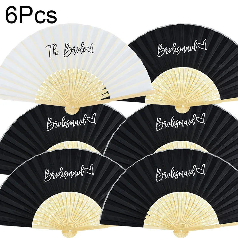 1-6pcs White Wedding Bride Hand Fans Bachelorette Hen Party Bridesmaids Gift Foldable Paper Fan Wedding Bride Shower Party Decor