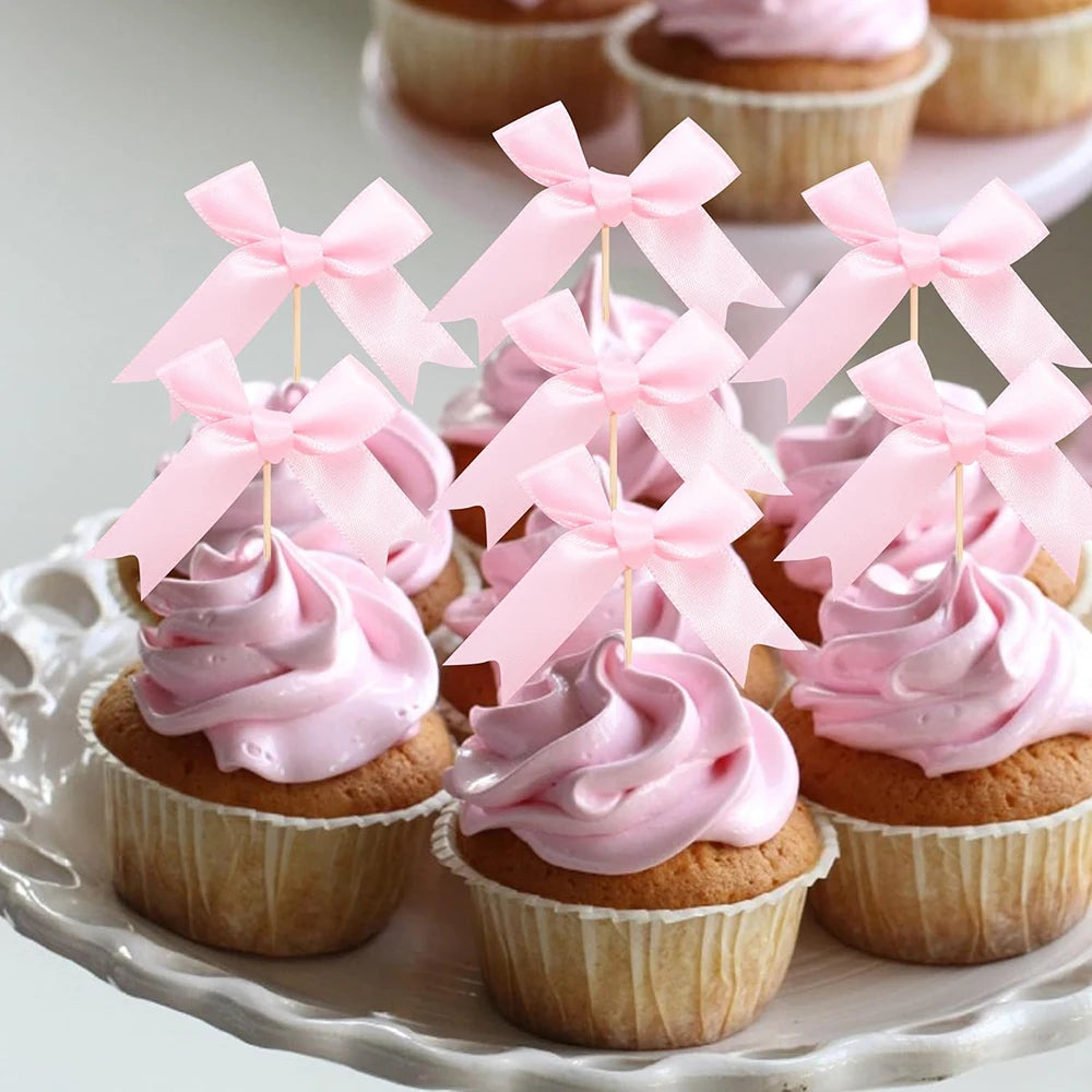 Bow Theme Party Supplies for Girl Pink Bow Cupcake Toppers Paper Drinking Straws Bridal Shower Bow Coquette Birthday Party Decor
