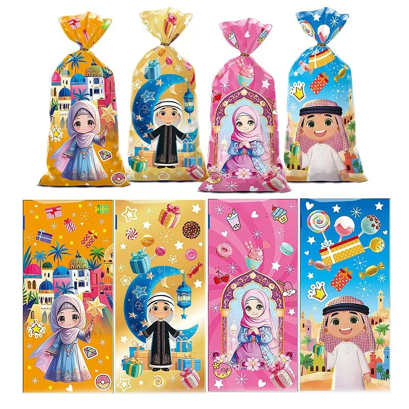 50pcs Eid Mubarak Gift Bags Plastic Cellophane Treat Bags Ramadan Decorations Clear Goodie Candy Bags for Hajj Mubarak Decor