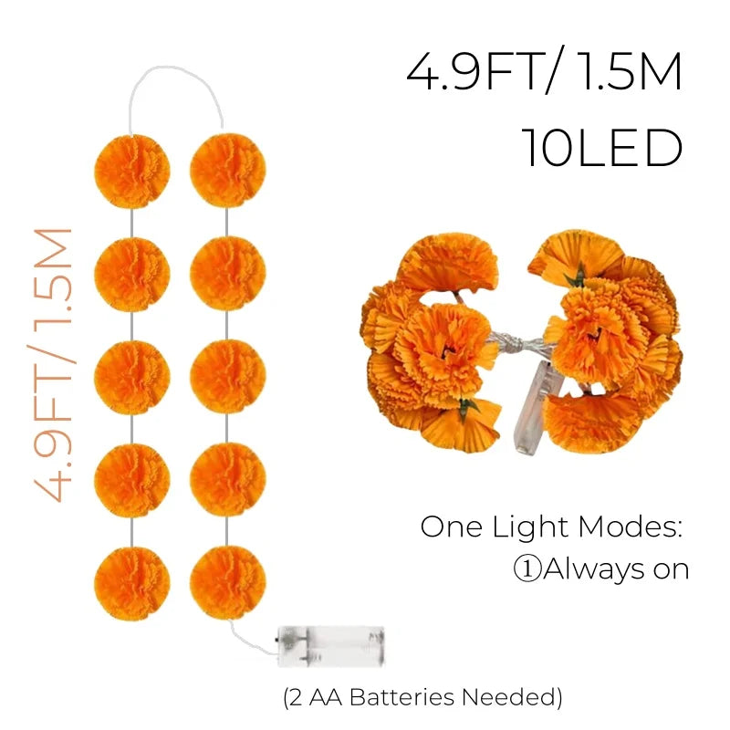 2-10Pack Marigold Garland Lighted Artificial Marigold Flowers String Light Diwali Indian Wedding Decor Halloween Day of the Dead