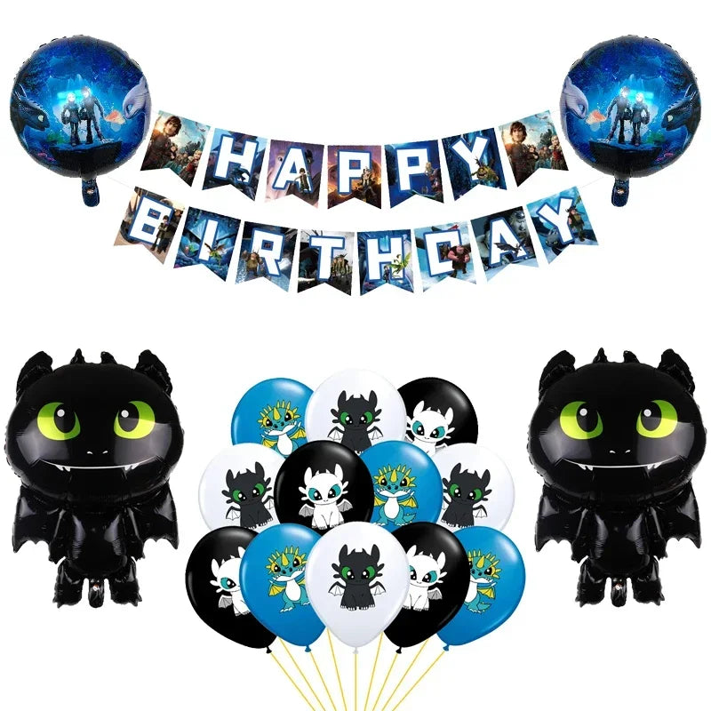 1set How Train Dragon Balloons No Teeth Toothlessing Green Eye Black Loong Party Decoration Happy Birthday Banner Cake Topper