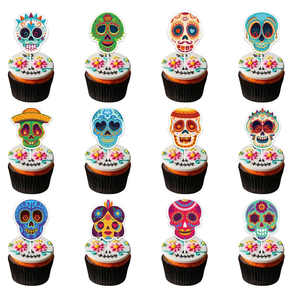 Mexico Day of the Dead Cake Decoration,Mexican Skulls Paper Baking Cake Toppers Party Decoration Insert,Skull Cake Inserts,12pcs