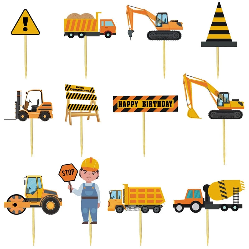 Excavator Car Crane Tractor Birthday Cake Topper Construction Party Decor Boy Kid Baby Shower 1st Birthday Party Cake Baking Kit