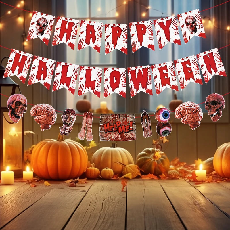Halloween Blood Banner Paper Garland Scary Eyeball Skull Spiral Hanging Flag Halloween Party Decoration Home Haunted House Decor